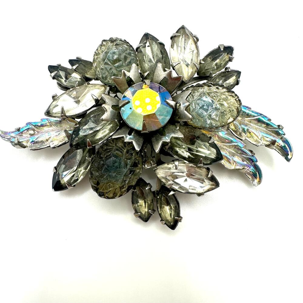 Judy Lee vintage silver tone clear gray molded glass AB rhinestones brooch